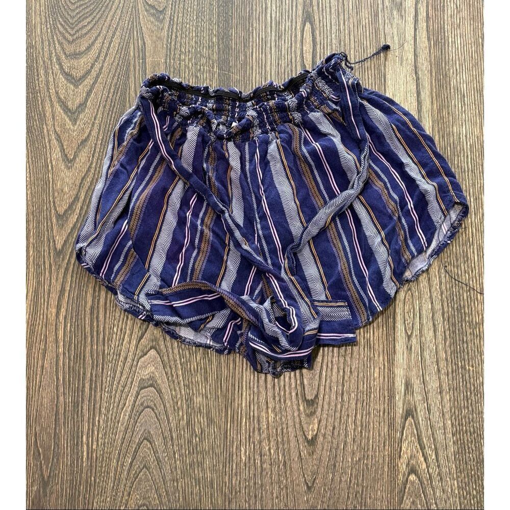 Shosho Womens Paperbag Shorts Elastic Tie Waist Striped Blue White Size Medium